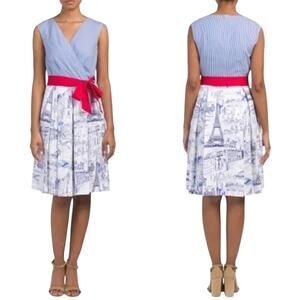 Chetta B Striped Paris Toile Faux Wrap Dress Sleeveless Belted Fit and Flare